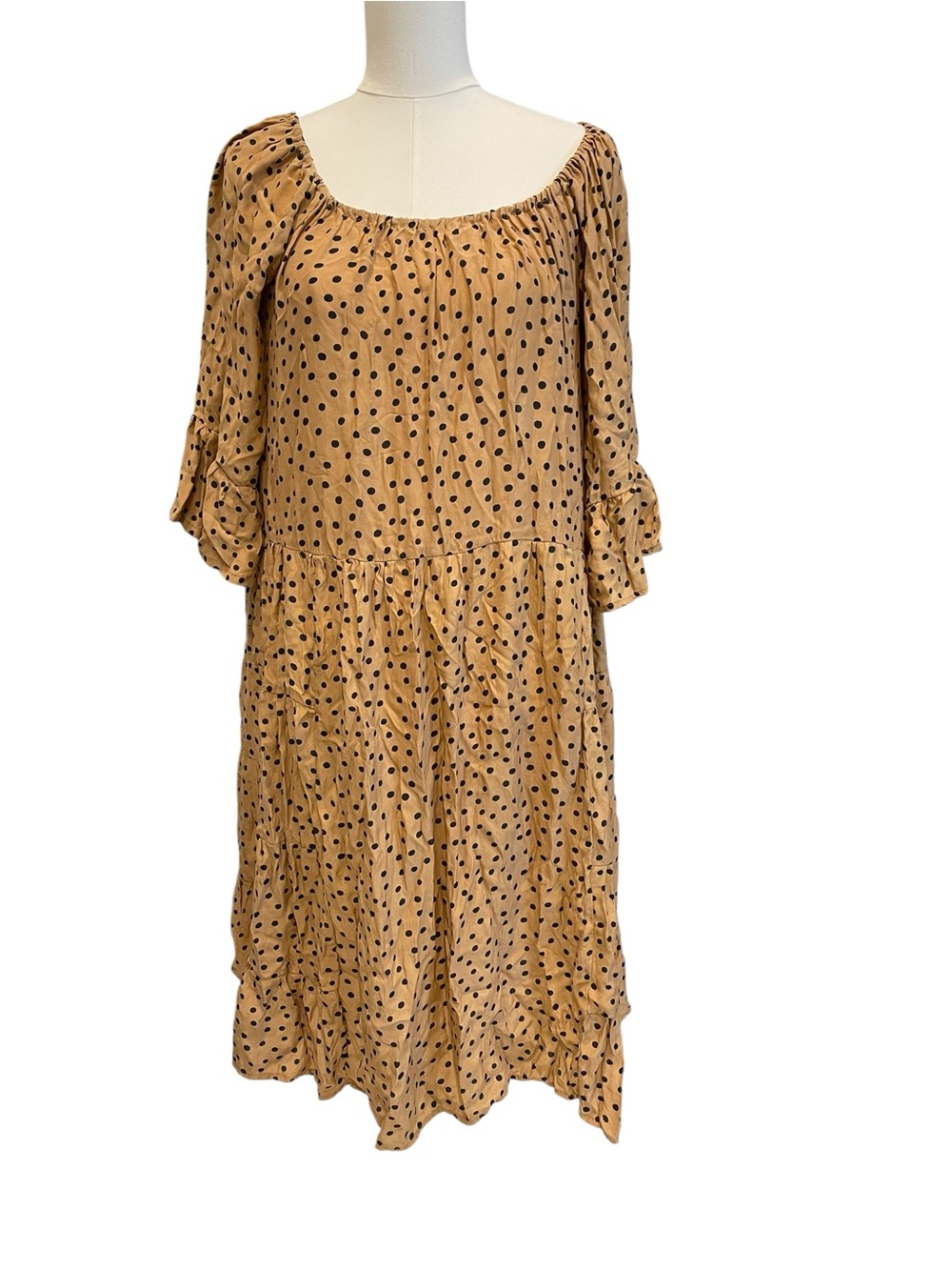 Natalie Martin Mustard Polka Dot Tiered Midi Dress M